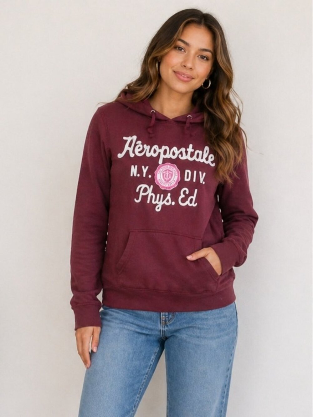 Aeropostale Burgundy Hoodie Women Large Pullover Logo Graphic Phys Ed Sweatshirt